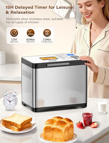 KBS 19-in-1 Programmable Bread Maker, 2LB Bread Machine with Healthy Ceramic Pan, Stainless Steel Bread Maker Machine with 15H Timer& 1H Keep Warm, Sourdough, Gluten Free, 3 Crust Colors, 53 Recipes