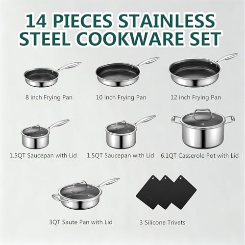 Yoehka 14-Piece Hybrid Stainless Steel Cookware Set, Pots and Pans Set with 3 Silicone Trivets | Induction Compatible Frying Pans, Saucepans, Saute Pan & Stock Pot | Oven Dishwasher Safe, PFOA Free