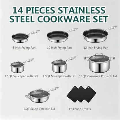 Yoehka 14-Piece Hybrid Stainless Steel Cookware Set, Pots and Pans Set with 3 Silicone Trivets | Induction Compatible Frying Pans, Saucepans, Saute Pan & Stock Pot | Oven Dishwasher Safe, PFOA Free