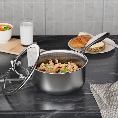 COOKER KING 3 Quart Stainless Steel Saucepan with Lid, Tri-Ply Ceramic Nonstick Pot, Metal Utensil Safe, Dishwasher & Oven Safe up to 900F, Induction Cookware for All Stovetops