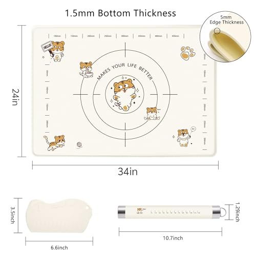 COOKSTYLE 34x24 Inch Extra Thick Silicone Pastry Board, Silicone Baking Mat with Measurements, Non-slip Silicone Mat, Kneading Counter Mat, Non-Stick Dough Mat with Edge Heightening