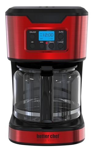Better Chef Programmable 12-Cup Coffee Maker | 1-4 Cup Setting | Auto-Pause to Serve | 2hr Keep Warm | Perma-Filter | Stainless (Red)