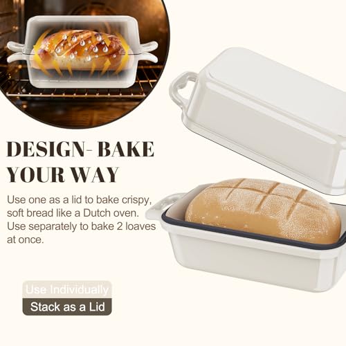DYCYRQ Enameled Cast Iron Sourdough Bread Dutch Oven, Cast Iron Loaf Bread Pan for Homemade Bread Baking, 2PCS 8.5 x 4.5 Inch Meatloaf Pan with Lid, Oven Safe, Cream