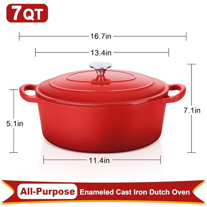 E-far 7QT Oval Dutch Oven Pot with Lid, Enameled Cast Iron Dutch Oven with Dual Handles for Sourdough Bread Baking Cooking, Nonstick Enamel Coated Cookware(Red), Non-Toxic & Easy Clean