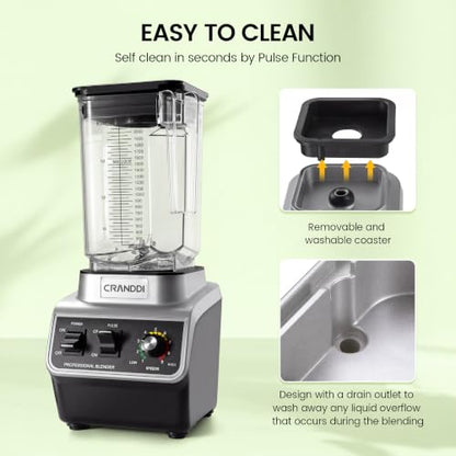 CRANDDI Professional Commercial Blender, Max 1500W, 80oz Pitcher, Powerful Blender with Tamper for Smoothie, Ice Crushing, Variable 9 Speeds Control,110V, K96, Black