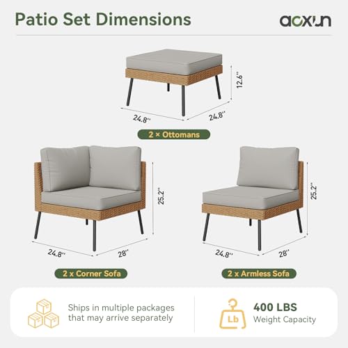 Aoxun 6 Piece Patio Furniture Set, 6 Seats Outdoor Sectional Sofas with Thick Cushion, Wicker Outdoor Patio Furniture Set with Ottomans for Party, Garden, Backyard, Grey