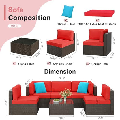6 Pieces Patio Furniture Set Outdoor Couch Wicker Sectional Sofa, Red