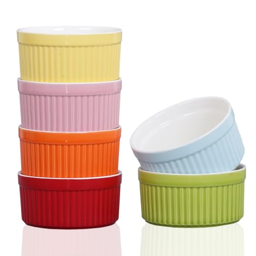 YAZYLIFE Ramekins 8oz,Ramekins for Creme Brulee and Souffle Dishes,Porcelain Oven Safe Baking Bowls,Pudding Cups,Dipping Sauce Dish,Set of 6,Color