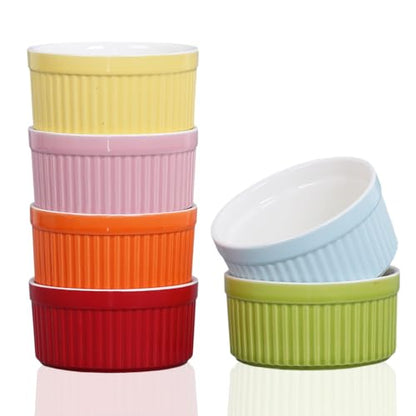 YAZYLIFE Ramekins 8oz,Ramekins for Creme Brulee and Souffle Dishes,Porcelain Oven Safe Baking Bowls,Pudding Cups,Dipping Sauce Dish,Set of 6,Color