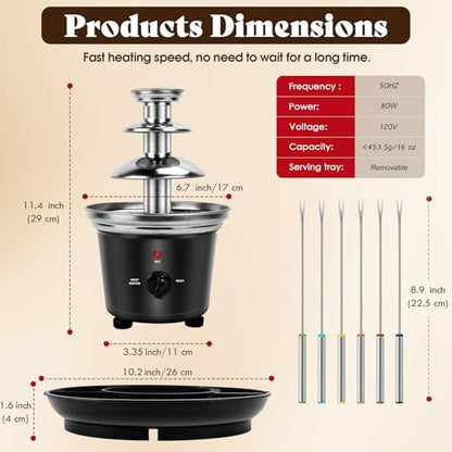 16oz Chocolate Fondue Fountain, 3-Tier MINI Chocolate Fountain with 6PCS Fondue Fork and Removal Tray for Fruits/Nuts/Treats