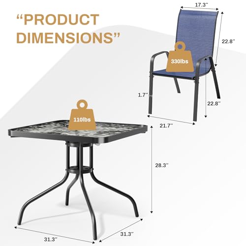 Arlopu 5 Piece Outdoor Patio Dining Set (Umbrella not Included), Porch Furniture with 4 Textline Chairs, 1 Square Glass Table for Garden, Backyard and Poolside, Lawn (Navy Blue)