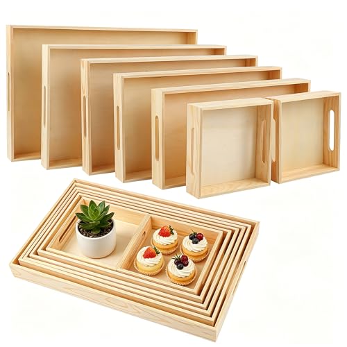 Aodaer 7 Pieces Wooden Trays, Wooden Nested Serving Trays, Rectangular Shape Wood Serving Tray with Handles for Kitchen Party Dinner Snacks