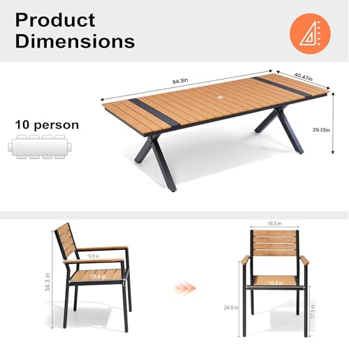 Pellebant 11 Piece Patio Table and Chairs Set, Aluminum Outdoor Dining Set with Umbrella Hole, 94" Dining Table & Stackable Chairs, Weather Resistant Teak Wood Grain Finish for Deck, Porch, Backyard