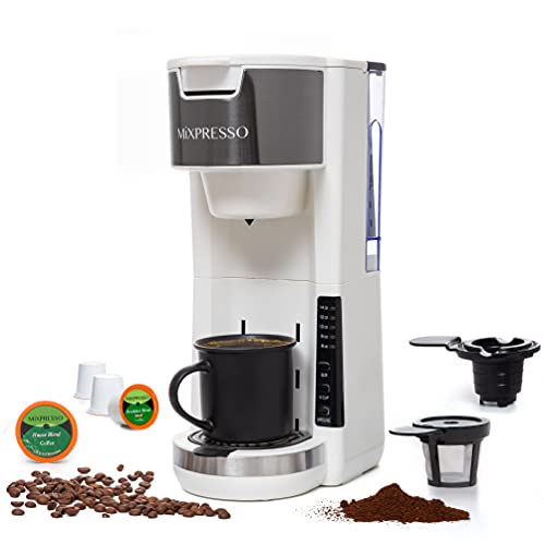 Mixpresso White Single Serve Coffee Brewer K-Cup Pods Compatible & Ground, 30 oz Compact Coffee Maker Single Serve With 5 Brew Sizes Up To 14 Oz, Fits Travel Mug, Adjustable Drip Tray