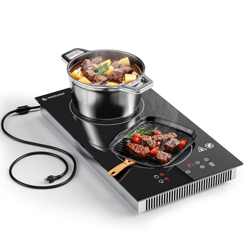 AMZCHEF Induction Cooktop 2 Burners, 12 Inch Bulit-in & Countertop Induction Stove with Plug 110V-120V, 9 Power Levels Electric Stove 1800W, Safety Lock, Timer, Touch Control for Fast Cooking