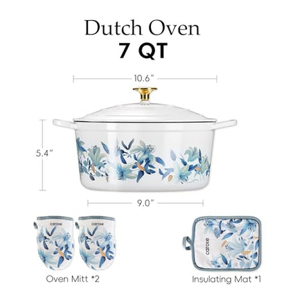 CAROTE 7QT Cast Iron Dutch Oven Pot with Lid, Enameled Floral Dutch Ovens with Cotton Potholders & Oven Gloves, Versatile Heavy-Duty Cookware for Sourdough Bread Baking, Braising, Stews, All Stovetop Compatible, Oven Safe up to 500° F, White & Blue
