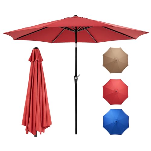OLIXIS 9ft Patio Umbrella with Tilt and Crank Button & 8 Sturdy Ribs Waterproof, 9 feet Patio Table Umbrella Perfect for Poolside, Terrace, Beach and Outdoor Restaurant, Red