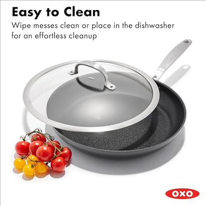 OXO Enhanced 12” Nonstick Frying Pan Skillet with Lid, Ceramic PFAS-Free Cookware, Durable Hard Anodized, Scratch Resistant, Stainless Steel Handle, Eggs & Omelets, Dishwasher & Oven Safe, Black
