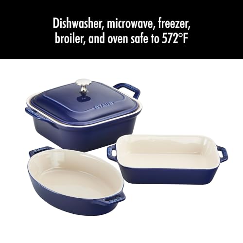 Staub Ceramic 4-pc Baking Pans Set, Casserole Dish with Lid, Brownie Pan, Dark Blue