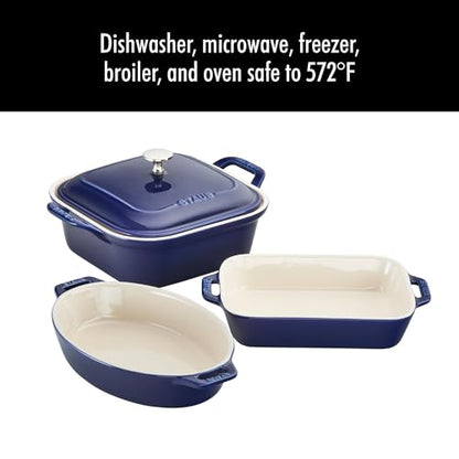 Staub Ceramic 4-pc Baking Pans Set, Casserole Dish with Lid, Brownie Pan, Dark Blue