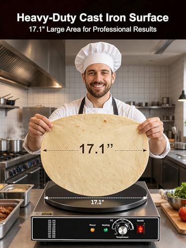 FOHERE 1700W Electric Crepe Maker, 17.1 Inch Commercial-Style Crepe Machine with 122°F-572°F Temperature Control, Iron Plate Griddle for Crepes, Dosas, Pancakes, Tortillas and Flatbreads