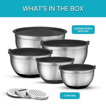 Belwares Mixing Bowls with Lids Set of 5 - Stainless Steel Mixing Bowl Set, Kitchen Nesting Metal Bowls with Non Slip Bottoms + 3 Grater Attachments, Airtight Lids, Food Prep + Storage, Matte Black