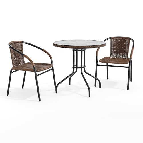 Flash Furniture Lila 28'' Round Glass Metal Table with Dark Brown Rattan Edging and 2 Dark Brown Rattan Stack Chairs
