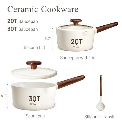 CAROTE 2QT & 3QT Sauce Pan Sets with Lid & Ladle Ceramic Nonstick Pot Set Non Toxic Saucepan Small Kitchen Cooking Pots, Easy to Clean, Induction Comptable, PFAS PTFE Free, White