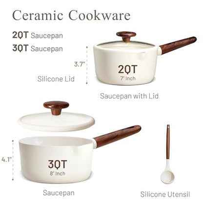 CAROTE 2QT & 3QT Sauce Pan Sets with Lid & Ladle Ceramic Nonstick Pot Set Non Toxic Saucepan Small Kitchen Cooking Pots, Easy to Clean, Induction Comptable, PFAS PTFE Free, White