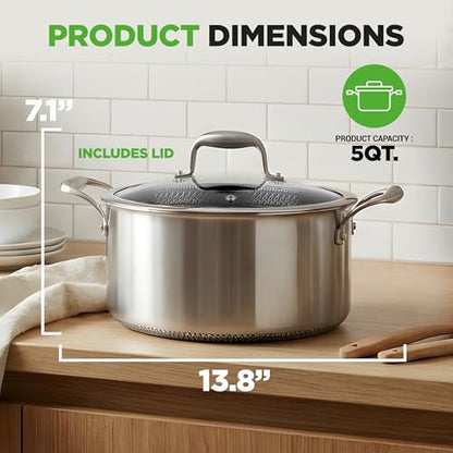 NutriChef 5 QT Stainless Steel Stew Pot - Triply Kitchenware Stew Pot with Glass Lid - DAKIN Etching Non-Stick Coating, Scratch-resistant Raised-up Honeycomb Fire Textured Pattern - NutriChef NC3PCAS