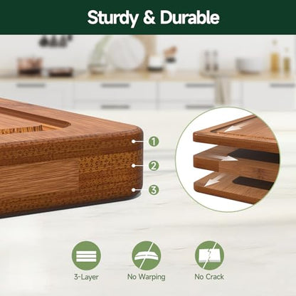 Zeawec 3-Piece Set Bamboo Cutting Board for Kitchen - Crack-Resistant Wood Chopping Boards with Deep Juice Grooves, Pre-Oiled Butcher Block for Meat, Vegetables & Cheese, Carbonized