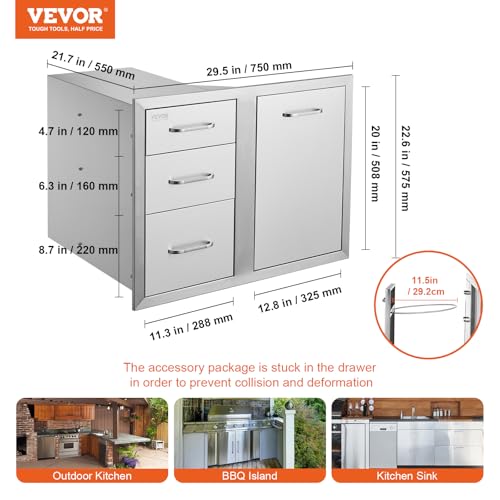 VEVOR Stainless Steel Cabinet, Outdoor Kitchen Door Drawer Combo 29.5" W x 22.6" H x 21.7" D, Access Door/Triple Drawers, Propane Drawer, Adjustable Garbage Ring, BBQ Island Patio Grill Station
