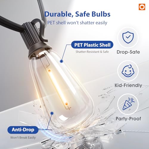 addlon 100FT LED Outdoor String Lights with Remote Waterproof Patio Lights with Shatterproof ST38 Replaceable Bulbs, Dimmable Outside Hanging Light Connectable for Porch, Backyard