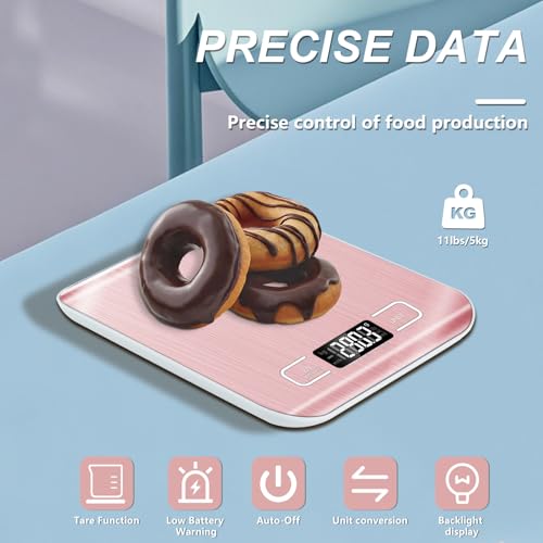 Food Scale, 11lb Kitchen Scale with 6 Units Tare Function & LCD Display, 0.05oz/1g Stainless Steel Digital Food Scale Grams and Ounces for Baking, Cooking, Dieting and Meal Prep (Pink)