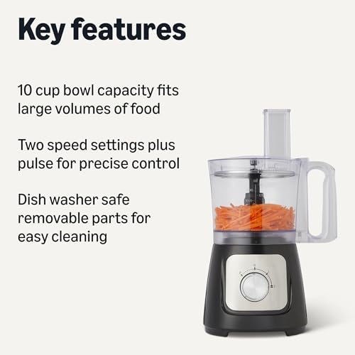 Amazon Basics Food Processor and Vegetable Chopper with 10 Cup Bowl, 2-Speed, 500 Watt Motor, Pulse Function, Dishwasher Safe Parts, Black