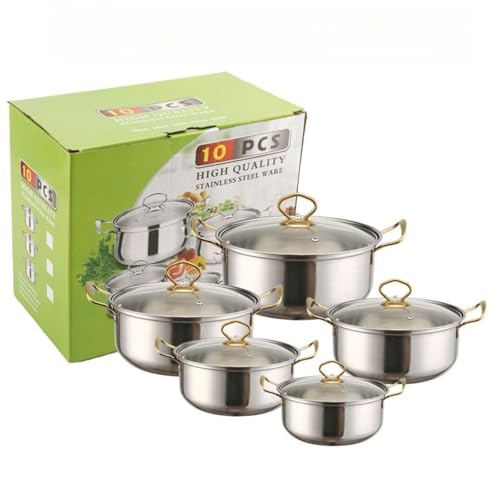 5 Piece Stainless Steel Cookware Set - Tempered Glass Lids, Ergonomic Handles & Thickened Base - Compatible with Gas, Electric, Halogen, Ceramic & Induction Hobs (Gold Handle)