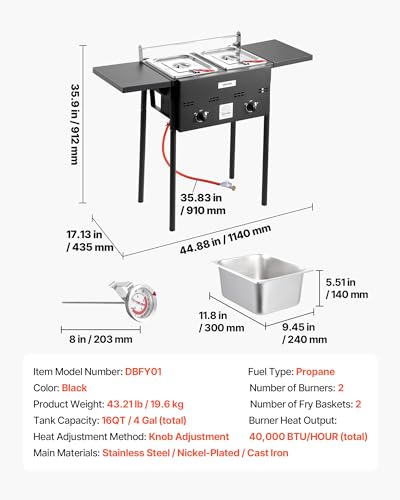 VEVOR Outdoor Propane Deep Fryer, Dual-Tank 8QTx2 Commercial Fryer, Stainless Steel Cooker with Foldable Platform, Dual Basket, and Heat Adjustment, Floor Standing Fryers for Restaurant Home Snack Bar