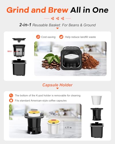 Horavie Single Serve Coffee Maker with Built-in Grinder, Fast Brew 6-16oz Single Cup for Whole Beans, Grounds, K Pod, Grind and Brew Coffee Maker with 47oz Water Tank, Descaling Alert, Black