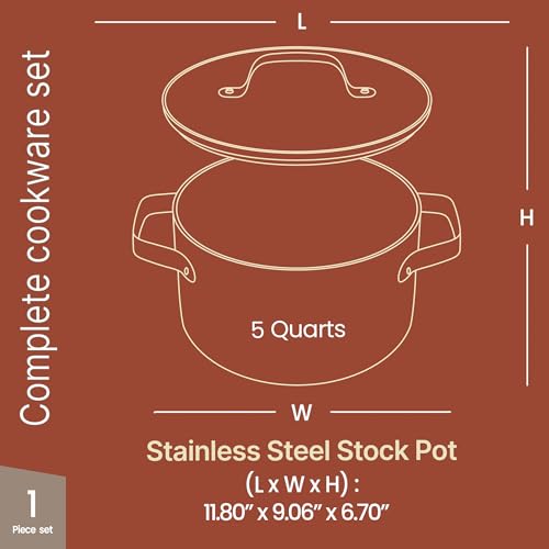 Bakken 5 Quart Ceramic Coated Stock Pot with Lid, Easy to Clean Nonstick Pot, Tempered Glass Lid, Riveted Stainless Steel Handles, Oven Safe Up To 500°F, PTFE & PFAS Free, All Stove Compatible, Blue