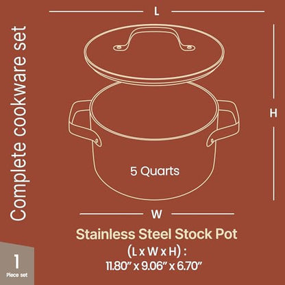 Bakken 5 Quart Ceramic Coated Stock Pot with Lid, Easy to Clean Nonstick Pot, Tempered Glass Lid, Riveted Stainless Steel Handles, Oven Safe Up To 500°F, PTFE & PFAS Free, All Stove Compatible, Blue