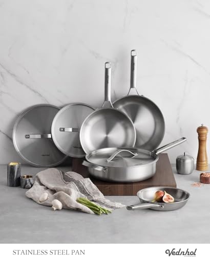 VEDNHOL Stainless Steel Saute Pan with Stainless Steel Lid 7-Quart,13-Inch Deep Skillet,Dishwasher&Oven Safe,Induction&All Stove Compatible,Brushed Finish