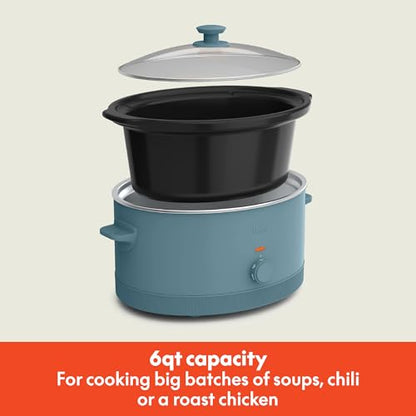 bella 6.0 Qt Manual Slow Cooker, Ceramic Nonstick Coating, 3 Temperature Settings, Dishwasher Safe Stoneware Pot and Tempered Glass Lid, Cool Touch Handles & Tangle Free Cord Wrap, Surf