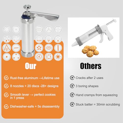 Stainless Steel Cookies Press, Cookies Press for Baking,Cookie Press Gun Kit with 20 Cookie Discs and 8 Piping Tips for DIY cake Maker Decorating Baking Supplies