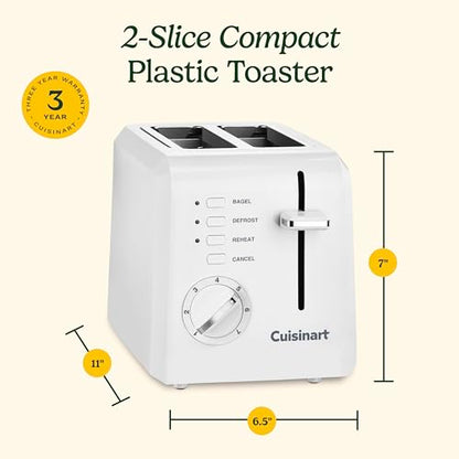 Cuisinart CPT-122 2-Slice Compact Plastic Toaster, Slots for Bagels & Bread, 7 Shade Settings, Cancel/Defrost/Reheat Functions, Removable Crumb Tray, Small Kitchen Appliance for Home & Office, White