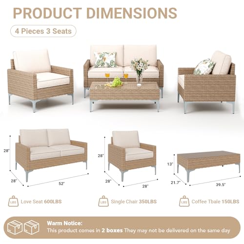 Jing's Villa 4-Piece Outdoor Sectional Sofa Set, All-Weather Wicker Patio Furniture with L/R armrest & Tempered Glass Table, Comfortable Garden Conversation Set for Backyard, Poolside, Deck,Beige
