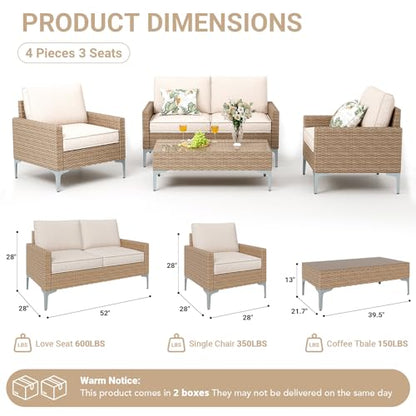 Jing's Villa 4-Piece Outdoor Sectional Sofa Set, All-Weather Wicker Patio Furniture with L/R armrest & Tempered Glass Table, Comfortable Garden Conversation Set for Backyard, Poolside, Deck,Beige