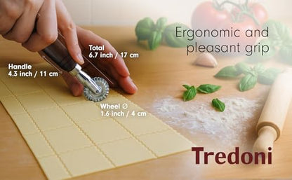 Tredoni 1.6" Pastry Wheel - Dough Stamp Cutter/Crimper, Pasta/Ravioli/Pie Maker, 4cm Stainless Steel Wheel Wooden Handle