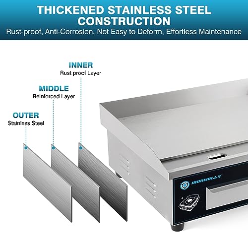 IRONWALLS Commercial Griddle Electric 22”, 3000W Electric Flat Top Grill, Stainless Steel Countertop Electric Griddle Nonstick with 122~572℉Adjustable Temperature Control for Restaurant Kitchen