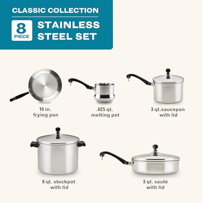 Farberware Classic Series Anniversary Edition Cookware Set, 8-Piece, Stainless Steel Pot and Pan Set
