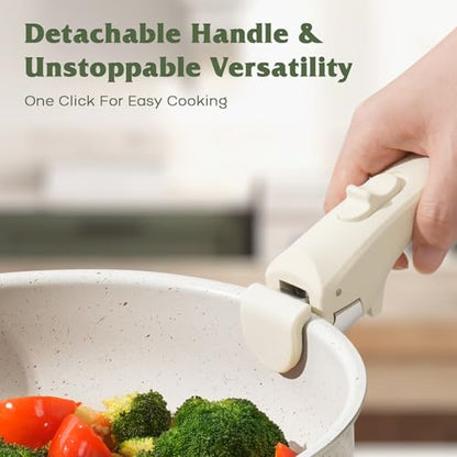 SODAY 18 Pcs Pots and Pans Set Non Stick, Cookware Sets with Detachable Handle, Nonstick RV Kitchen Cooking Tools Removable Handles, Oven Safe, Induction Fast, Stackable Induction Cookware, White